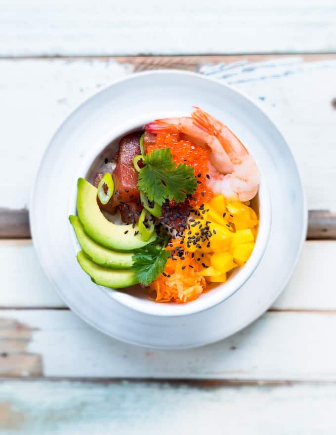 sushi bowl, tommikala sushi bowl, sushi bowl vinkkejä, äyriäis sushi bowl